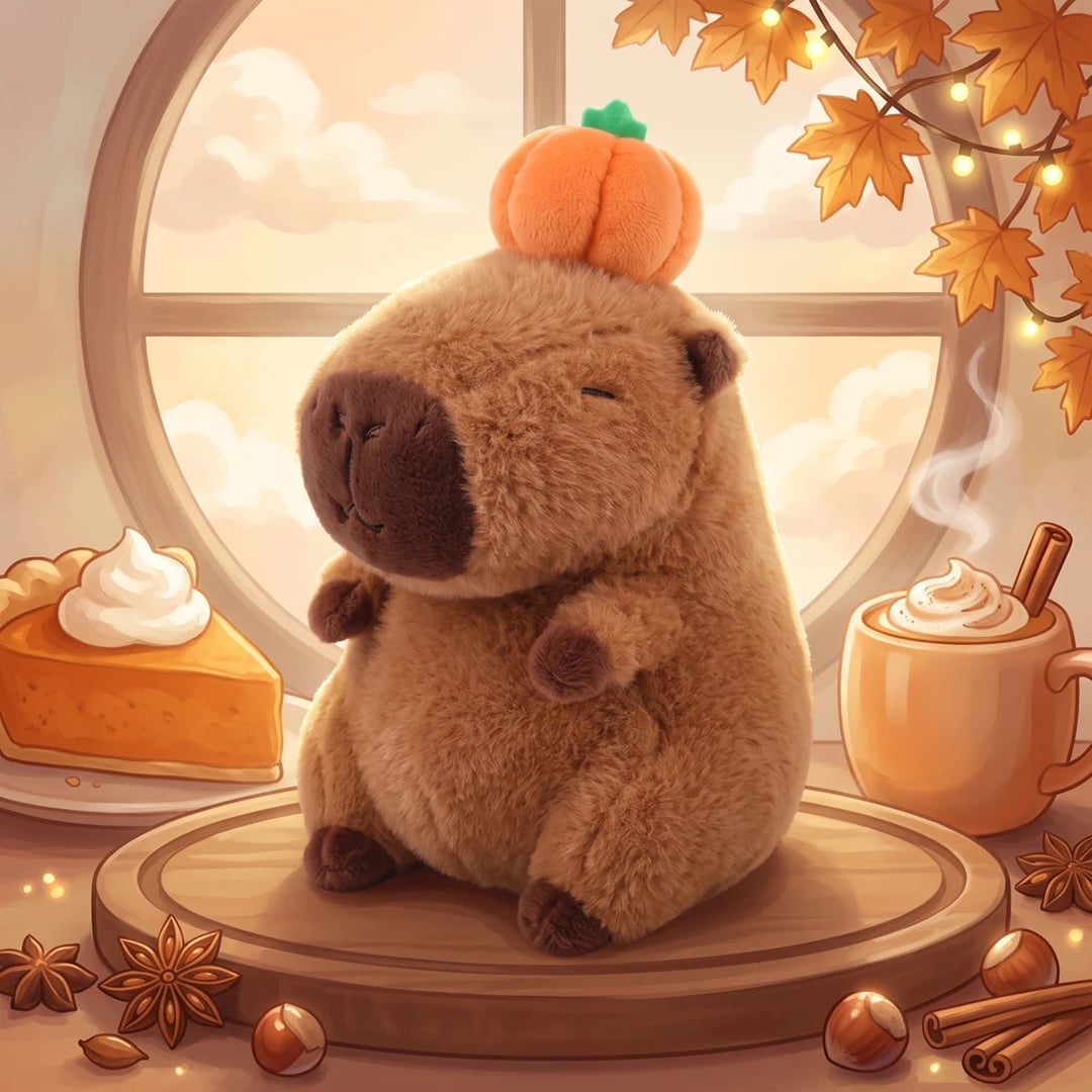 Capybara with pumpkin on head plush in an illustrated bakery with pumpkin pie and latte
