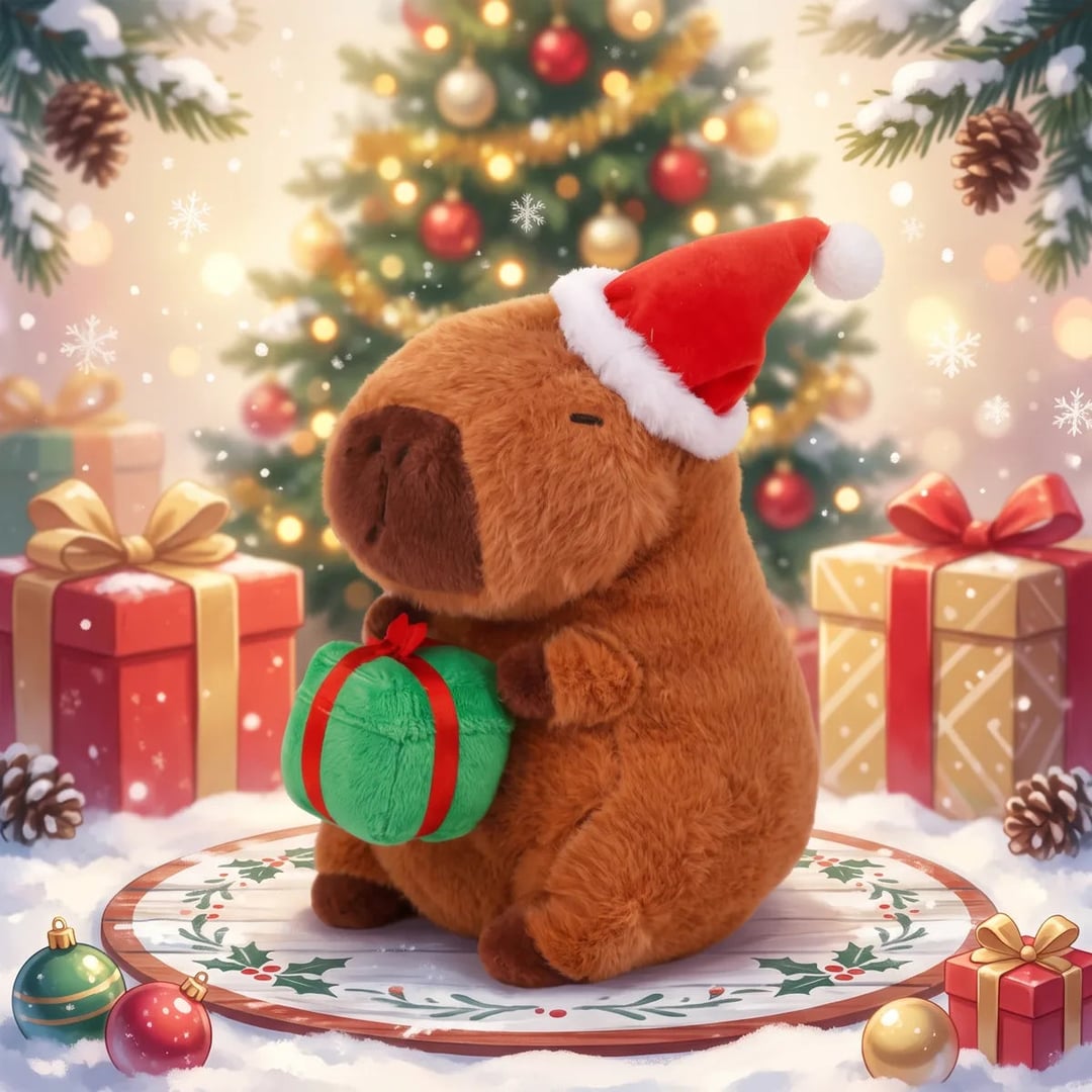 Illustrated Santa hat capybara plush holding a green gift box in front of a Christmas tree and presents