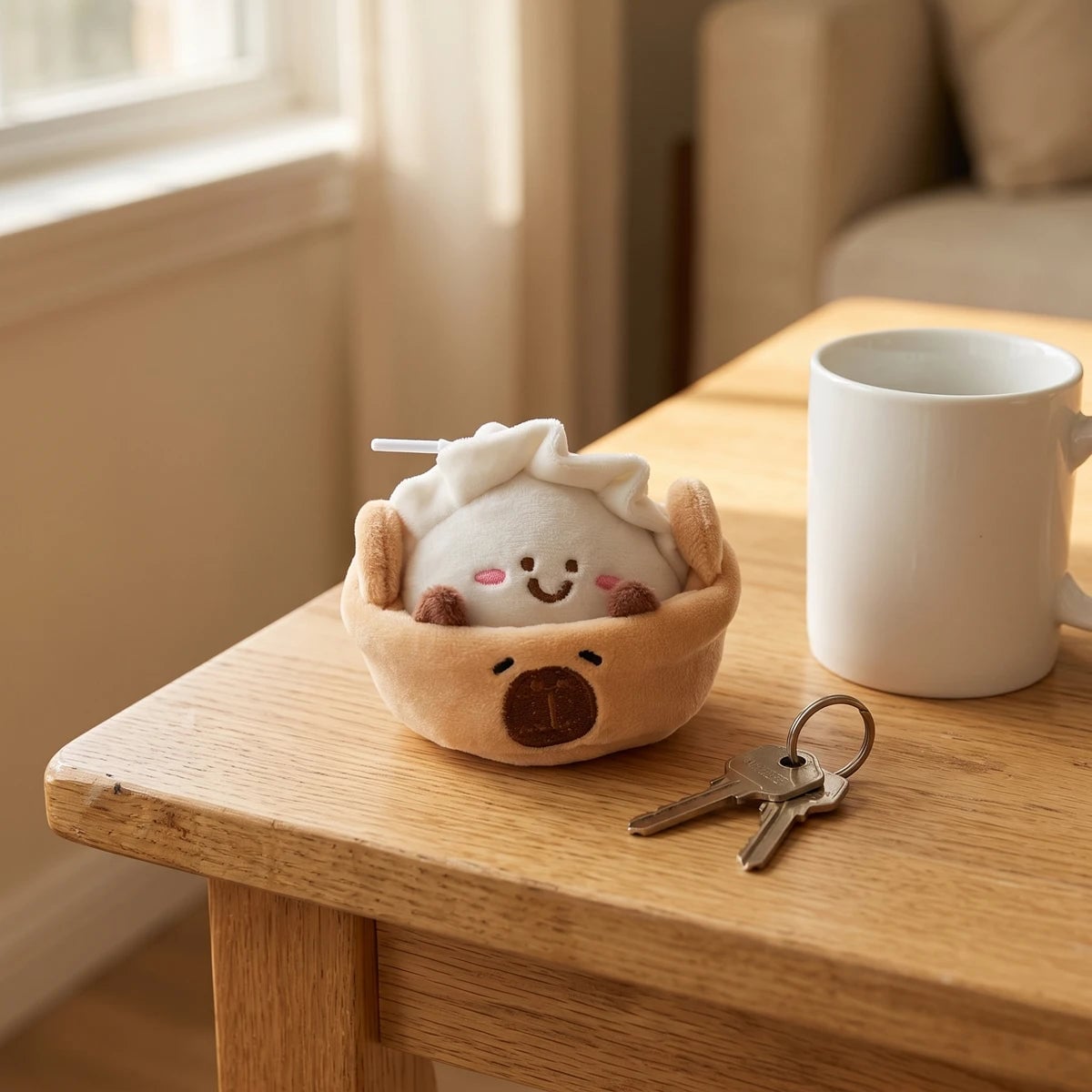 Dumpling capybara keychain on a table next to house keys and a coffee mug