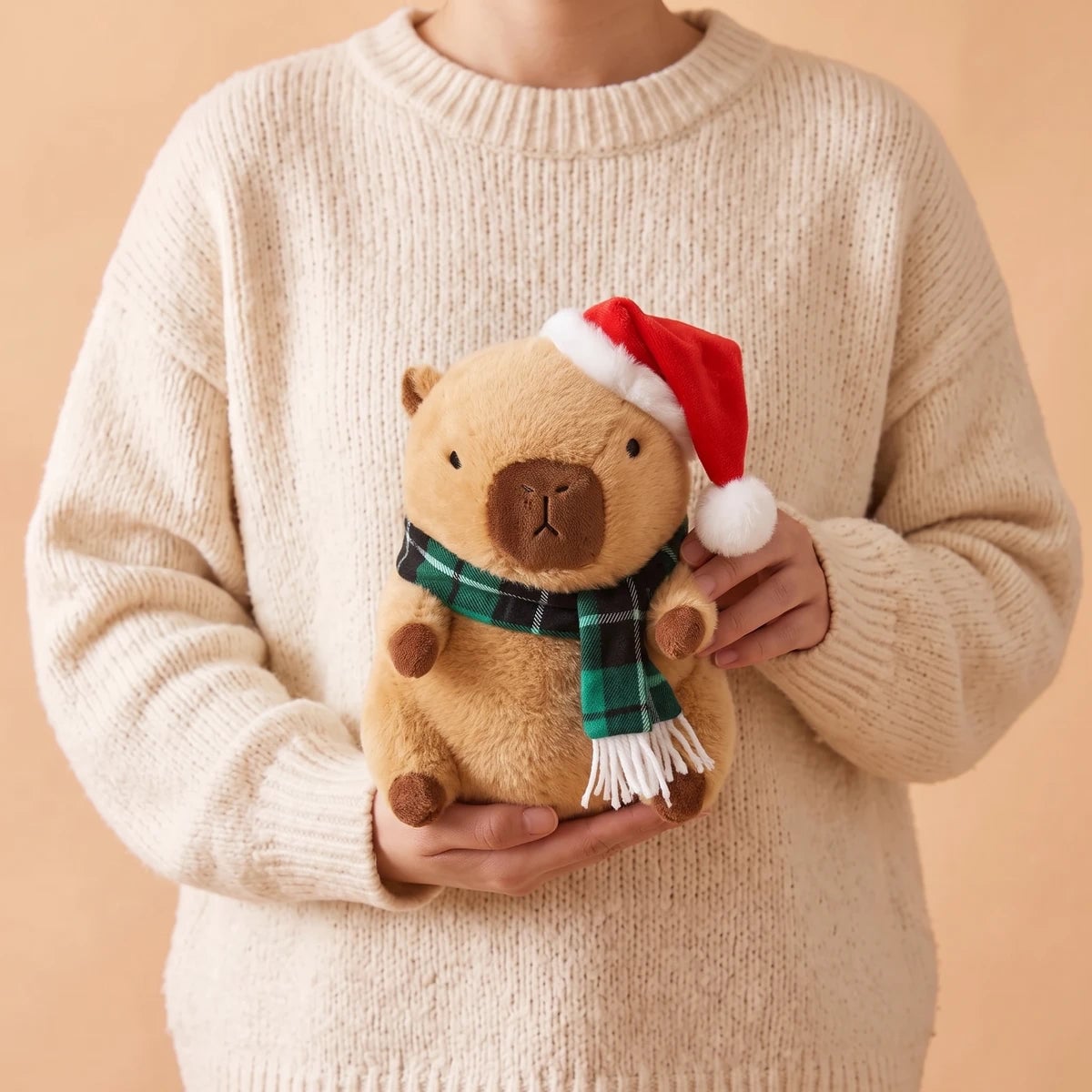 Person in a cream sweater holding the 9 in Christmas capybara plush with a Santa hat and a green plaid scarf