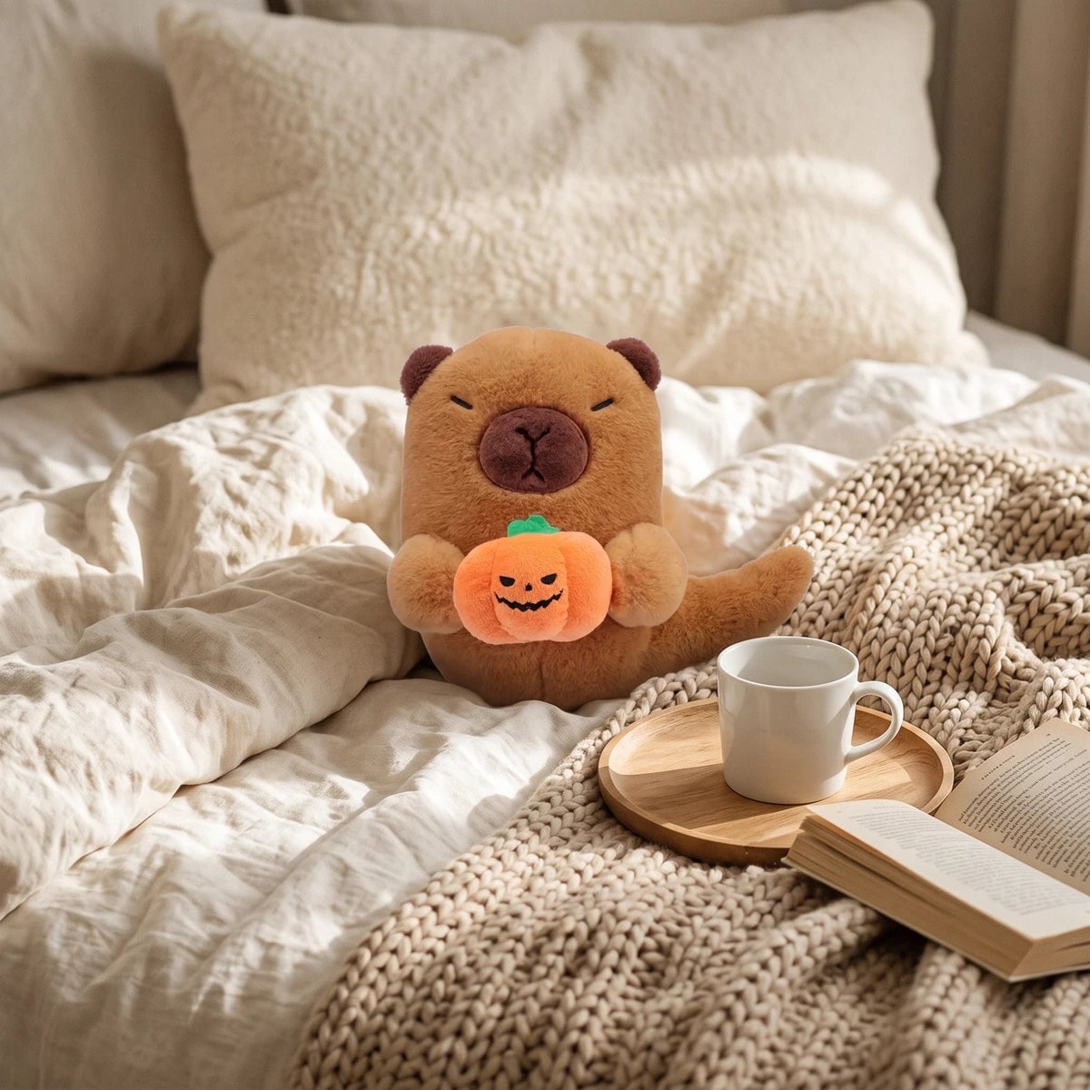 Halloween ghost capybara plush on a bed next to a coffee mug and an open book