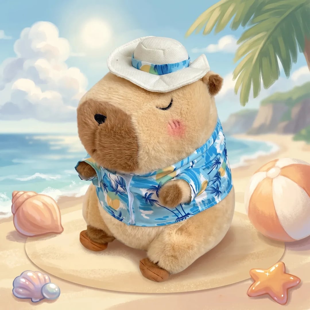 Brown capybara stuffed animal in a palm print shirt and white hat on an illustrated beach with shells and a beach ball
