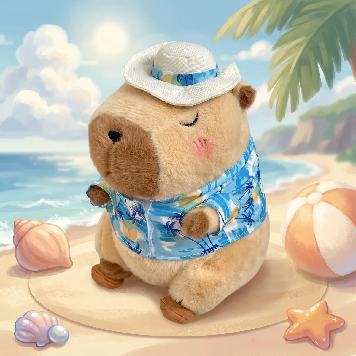 Brown capybara stuffed animal in a palm print shirt and white hat on an illustrated beach with shells and a beach ball