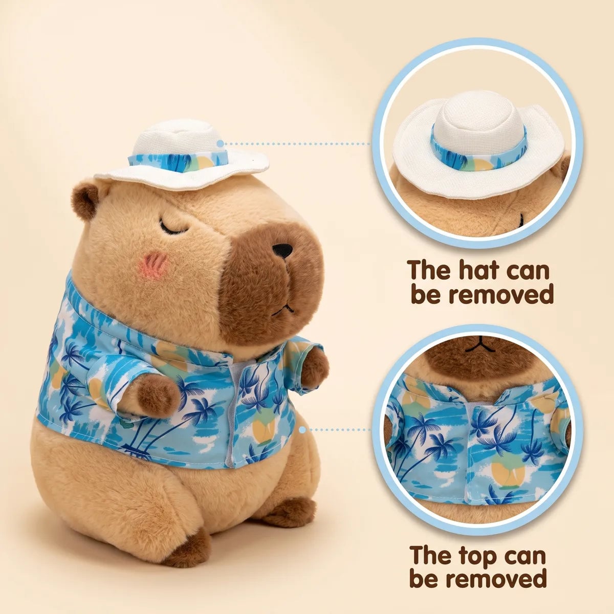 Product diagram showing the white hat and the palm print shirt lifting off the brown capybara stuffed animal