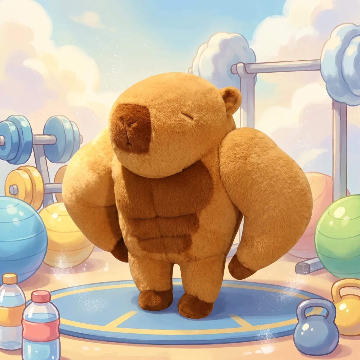 Buff capybara plush standing on a mat in an illustrated gym scene with dumbbells, kettlebells and exercise balls