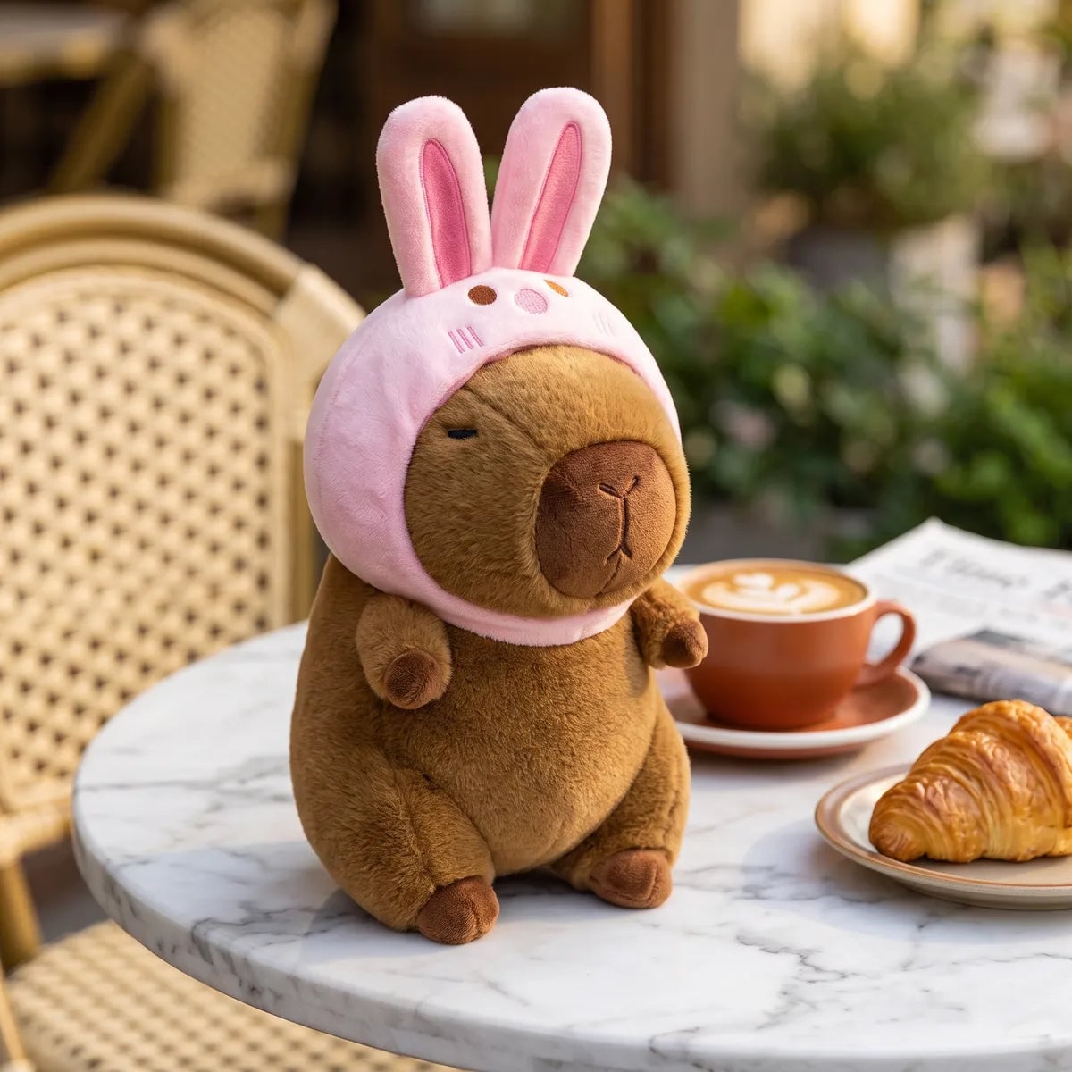 Bunny capybara plush placed in a bright home setting