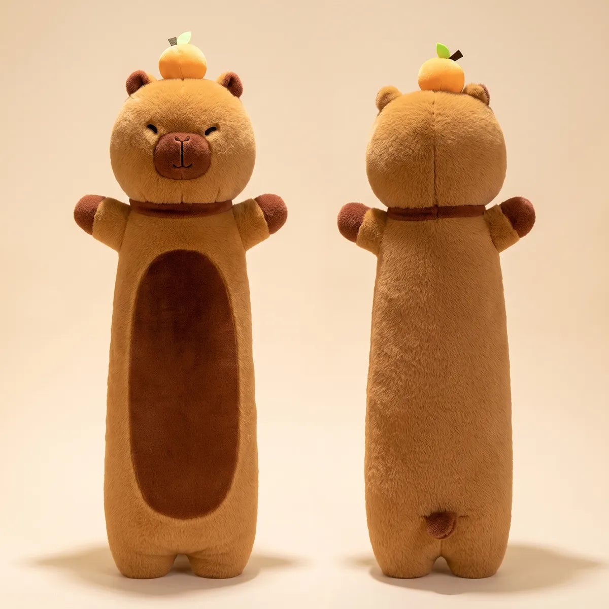 Long capybara body pillow plush standing upright seen from the side