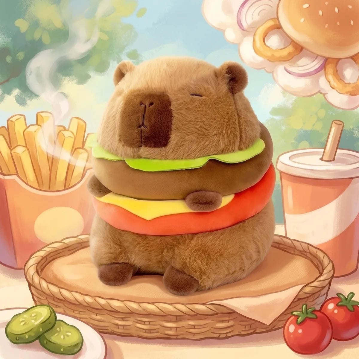 Capybara burger plush in a basket in an illustrated diner scene with fries