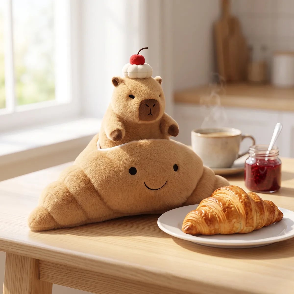 Capybara croissant plush on a kitchen table beside a real croissant, a coffee cup and a jam jar for scale