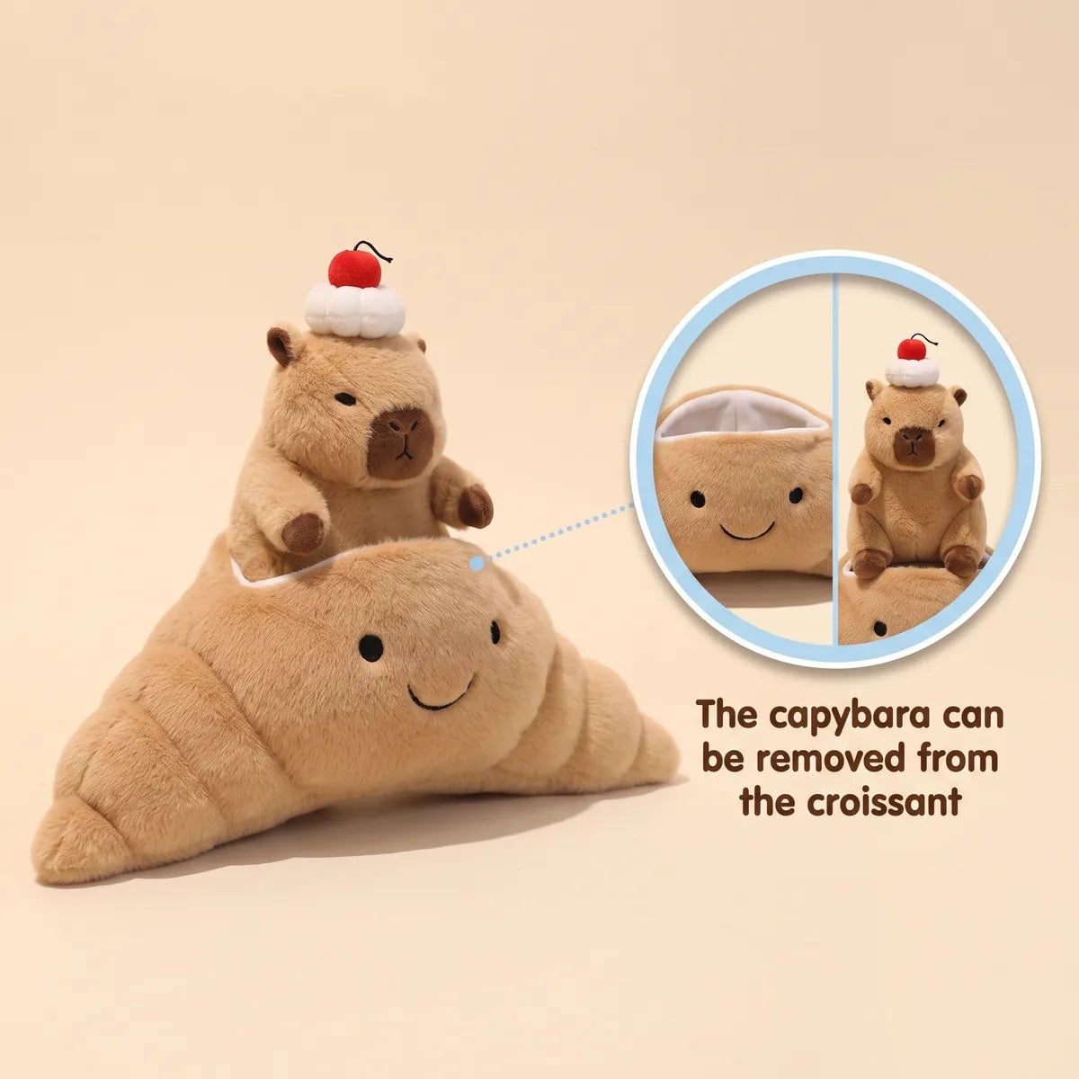 Explainer graphic for the capybara croissant plush: the capybara stays seated in the croissant, with an inset showing the empty white lined pastry and the capybara separated, captioned The capybara can be removed from the croissant