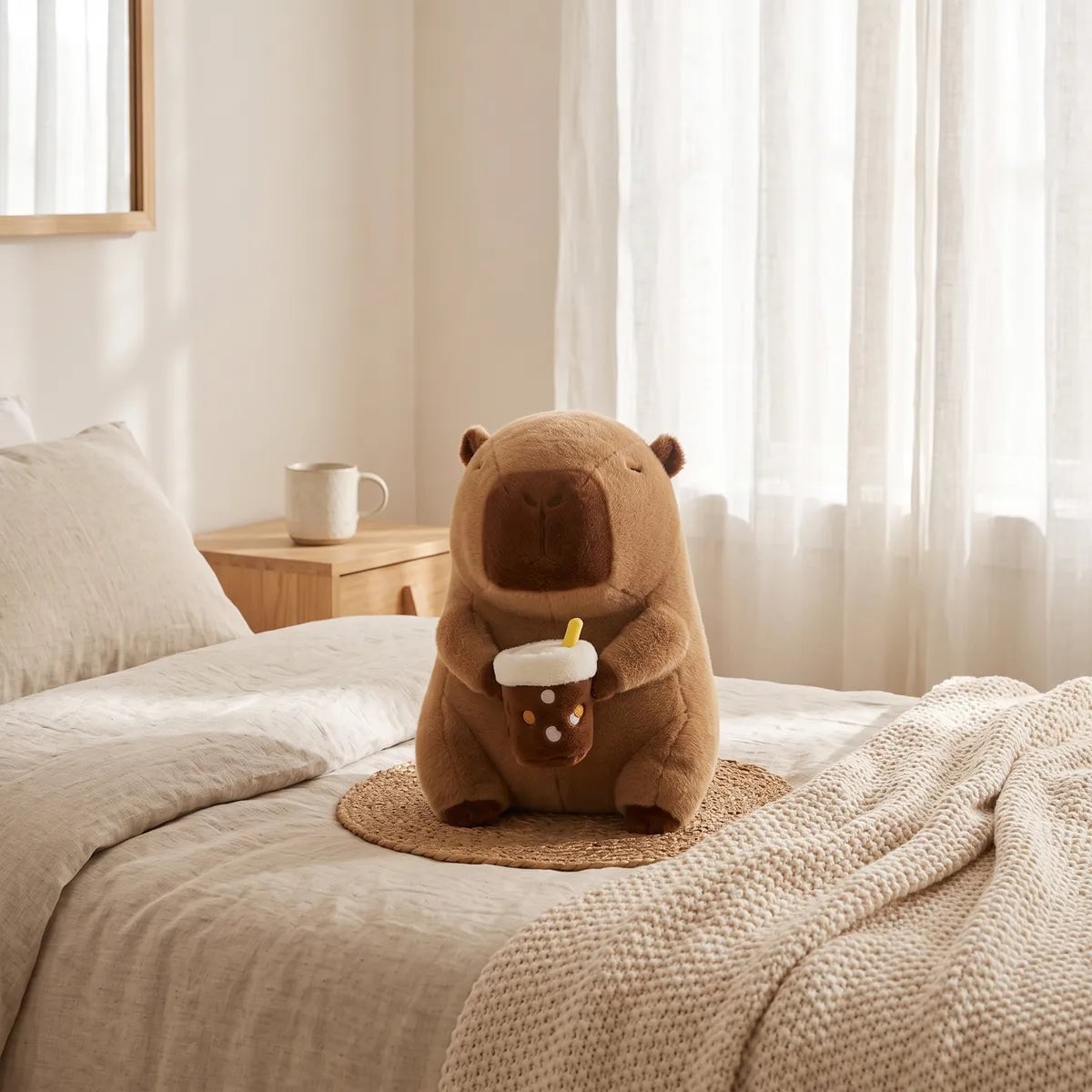 Capybara drinking boba plush sitting on a woven mat on a made bed in a bright bedroom.