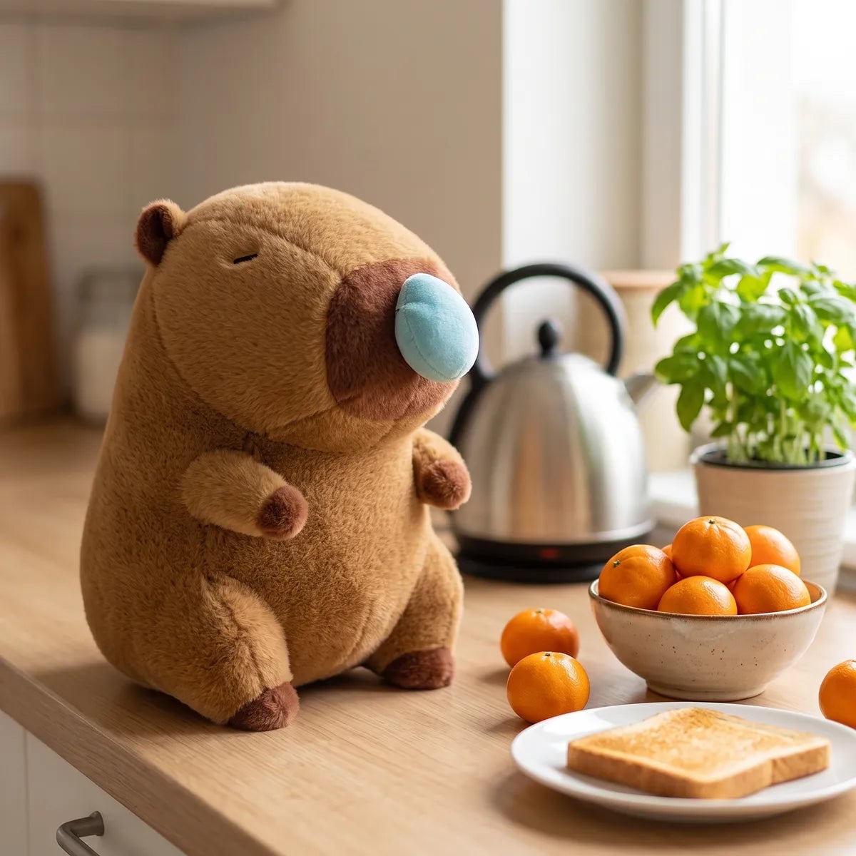 Capybara snot plush sitting on a wooden kitchen counter next to a bowl of oranges
