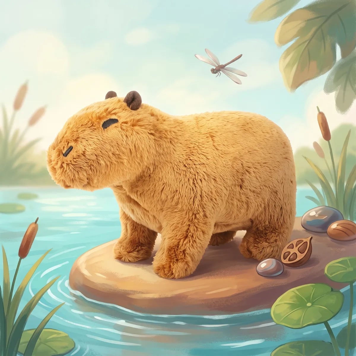 Illustrated riverbank scene with the capybara teddy bear plush standing on a sandbank beside lily pads and cattails.