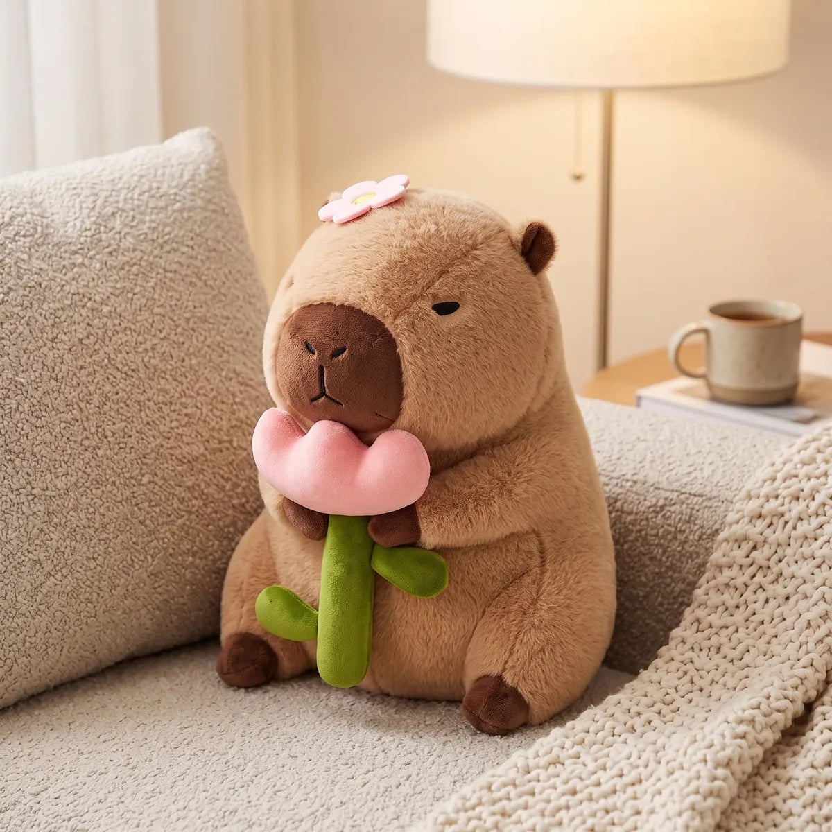 Detail of the overlapping sewn petals forming the pink bloom of the capybara with rose plush