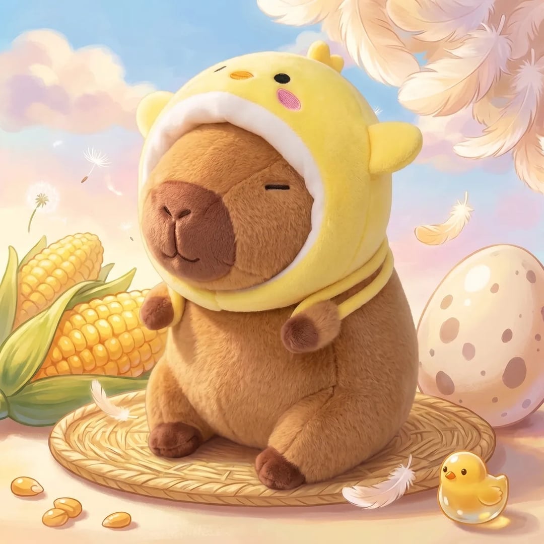 Chicken capybara plush on straw in an illustrated farmyard scene with corn and an egg
