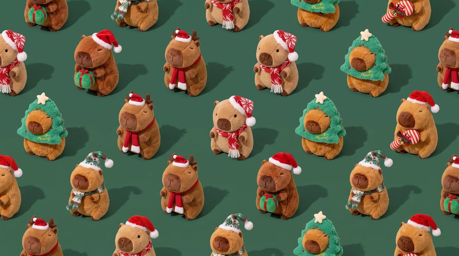 Christmas capybara plush collection: capybaras in Santa hats, knit hats, reindeer antlers and Christmas tree hoods