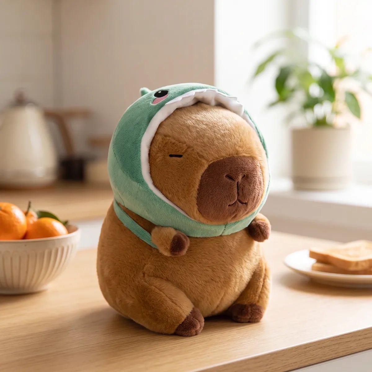 Dino capybara plush sitting on a wooden kitchen counter next to a bowl of oranges