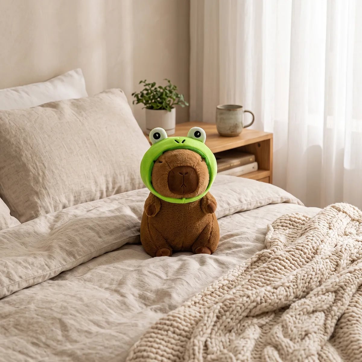 Frog capybara plush sitting on a linen bed