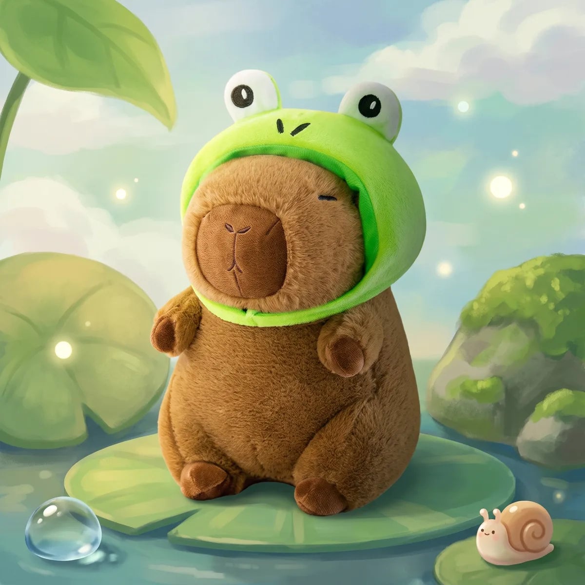 Frog capybara plush in an illustrated pond scene with lily pads