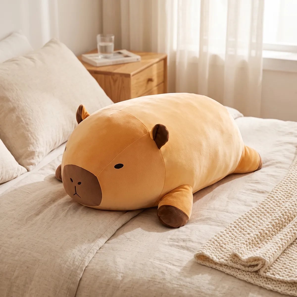Giant capybara plush lying across a bed