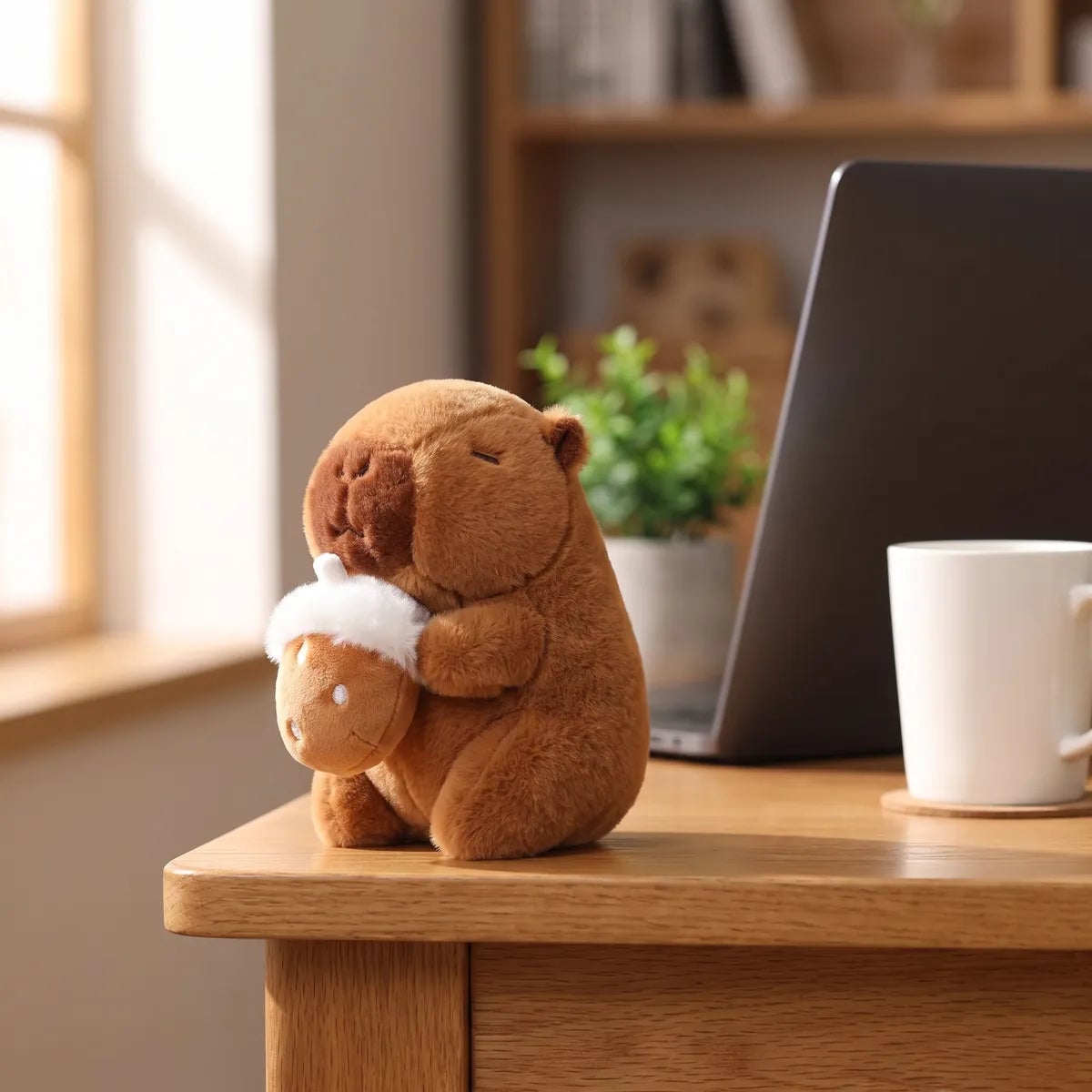 Undressed hazelnut mini capybara plush on an oak desk beside a laptop, a mug and a small plant