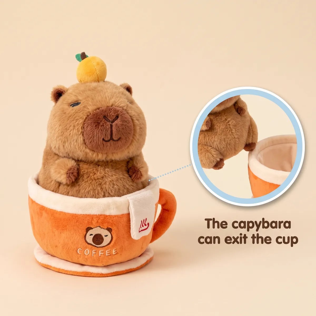 Orange coffee cup capybara plush photographed with callouts on the mug and towel