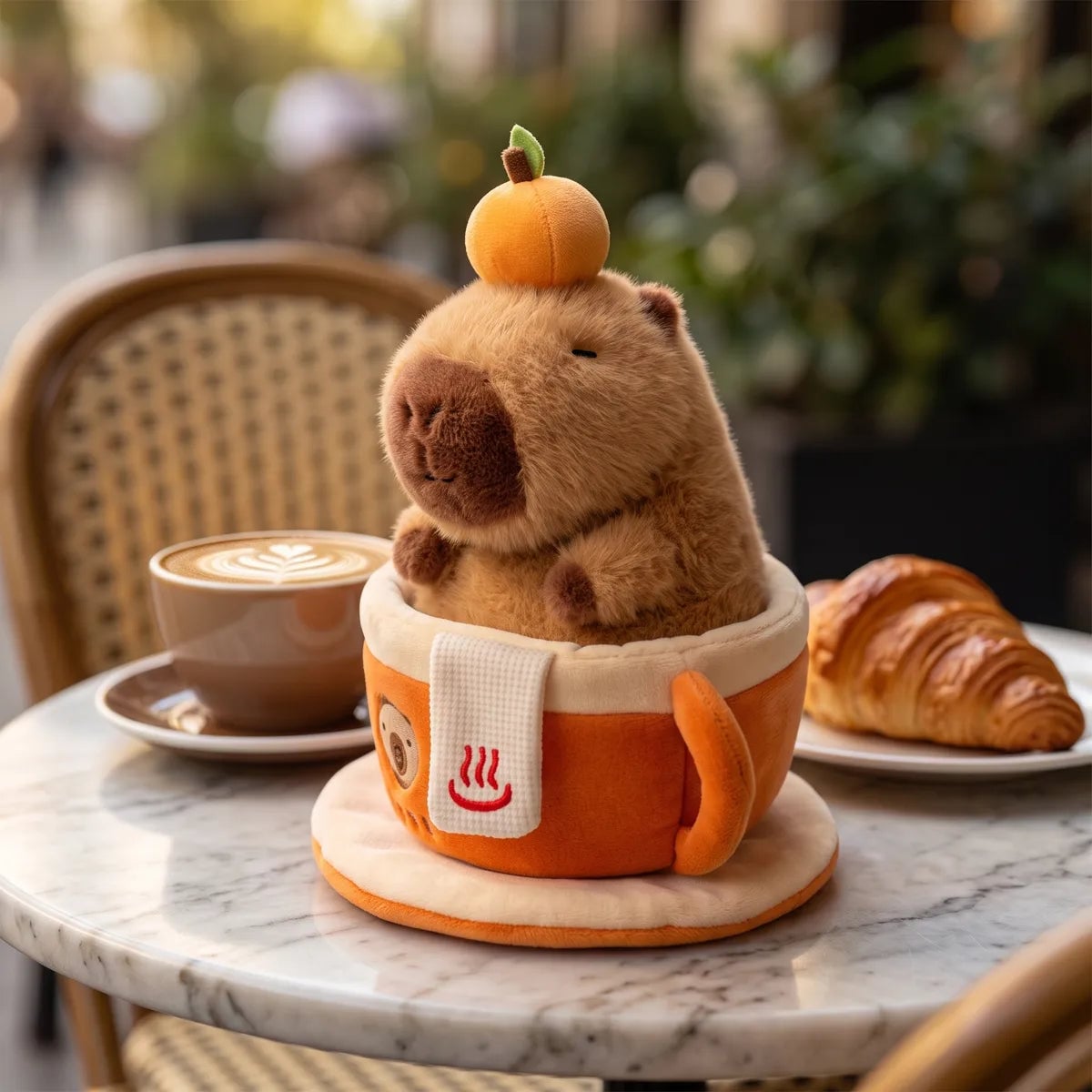 Orange coffee cup capybara plush placed in a bright home setting