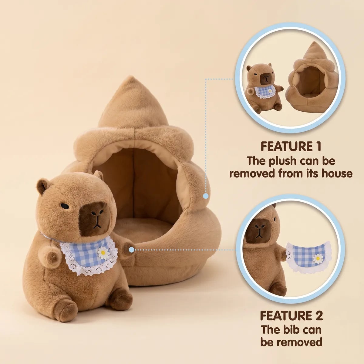 Poop house capybara plush shown with the plush lifted out of its house and the bib removed