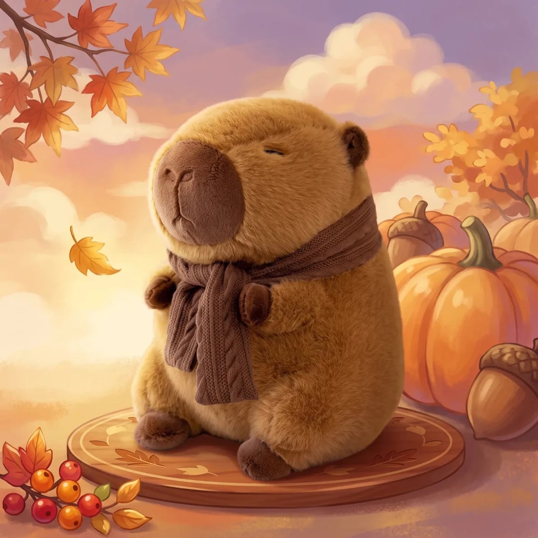 Scarf capybara plush in a brown knit scarf among autumn leaves and pumpkins