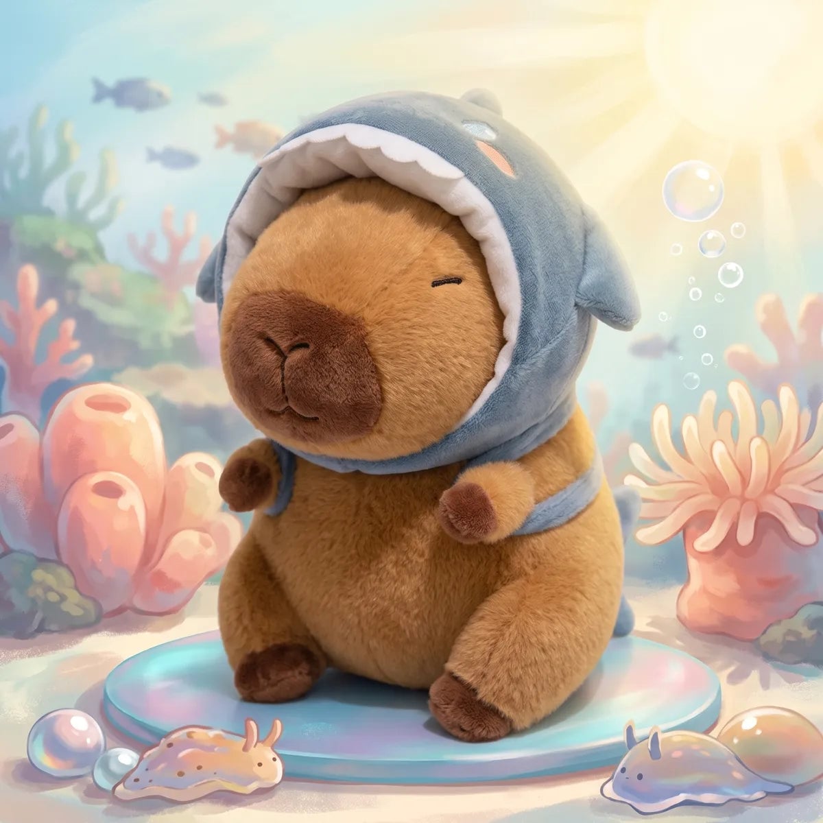 Shark hat capybara plush sitting on an illustrated coral reef with sea slugs