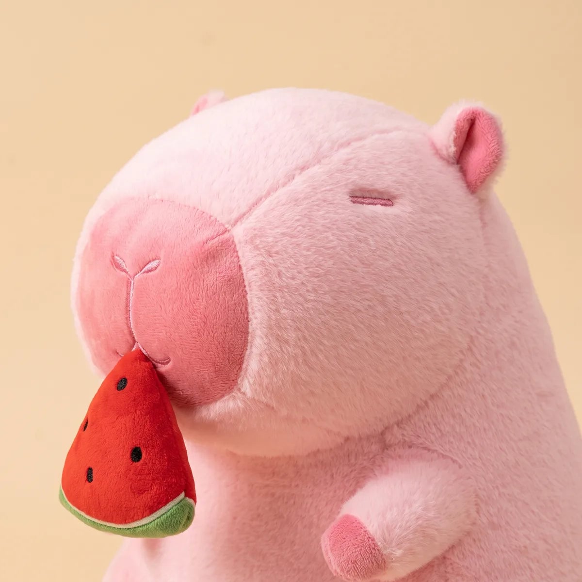 Close up of the watermelon capybara plush rose muzzle and the seeded red wedge