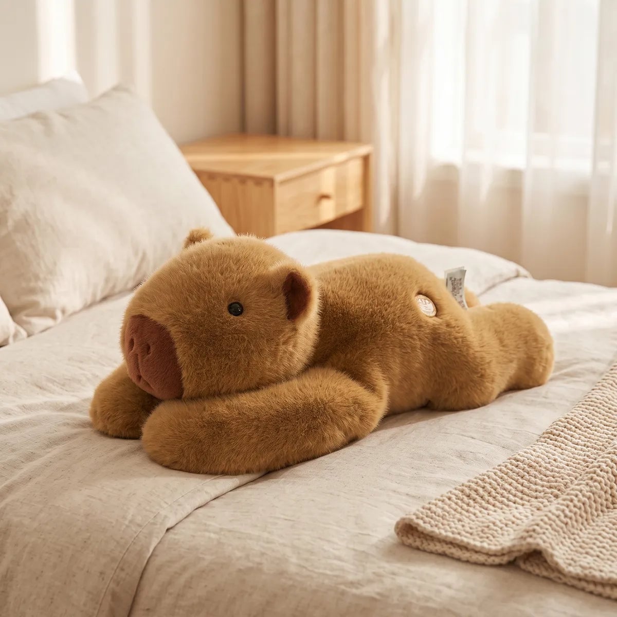 Weighted capybara plush lying across a bed