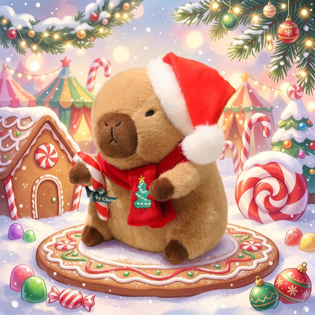 Illustrated candy cane capybara plush in a Santa hat sitting on a gingerbread cookie in a snowy candy village