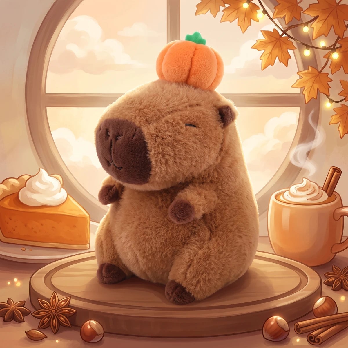 Capybara with pumpkin on head plush in an illustrated bakery with pumpkin pie and latte