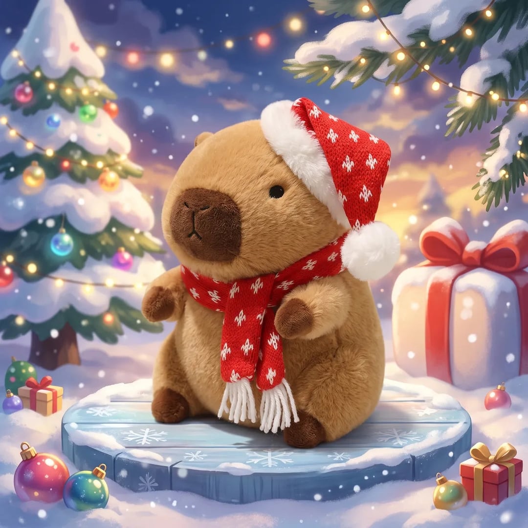 Illustrated Christmas capybara plush in a red snow dot knit hat and scarf on an ice stage among snowy trees and gifts