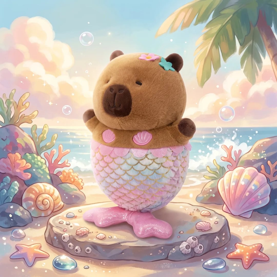 Mermaid capybara plush on a rock in an illustrated beach scene with corals, shells and bubbles