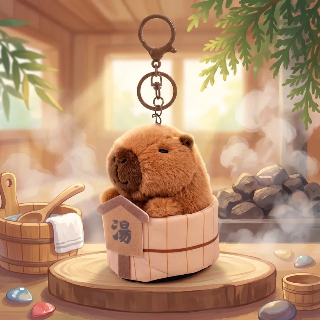 Onsen capybara keychain in its fabric bath tub in an illustrated wooden bathhouse with steam