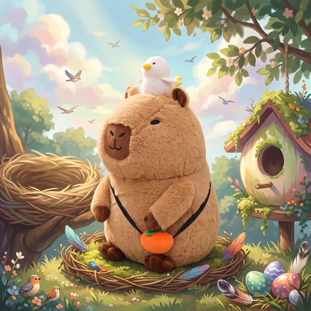 Capybara plush with orange bag and a white bird on its head in an illustrated nest scene with a birdhouse