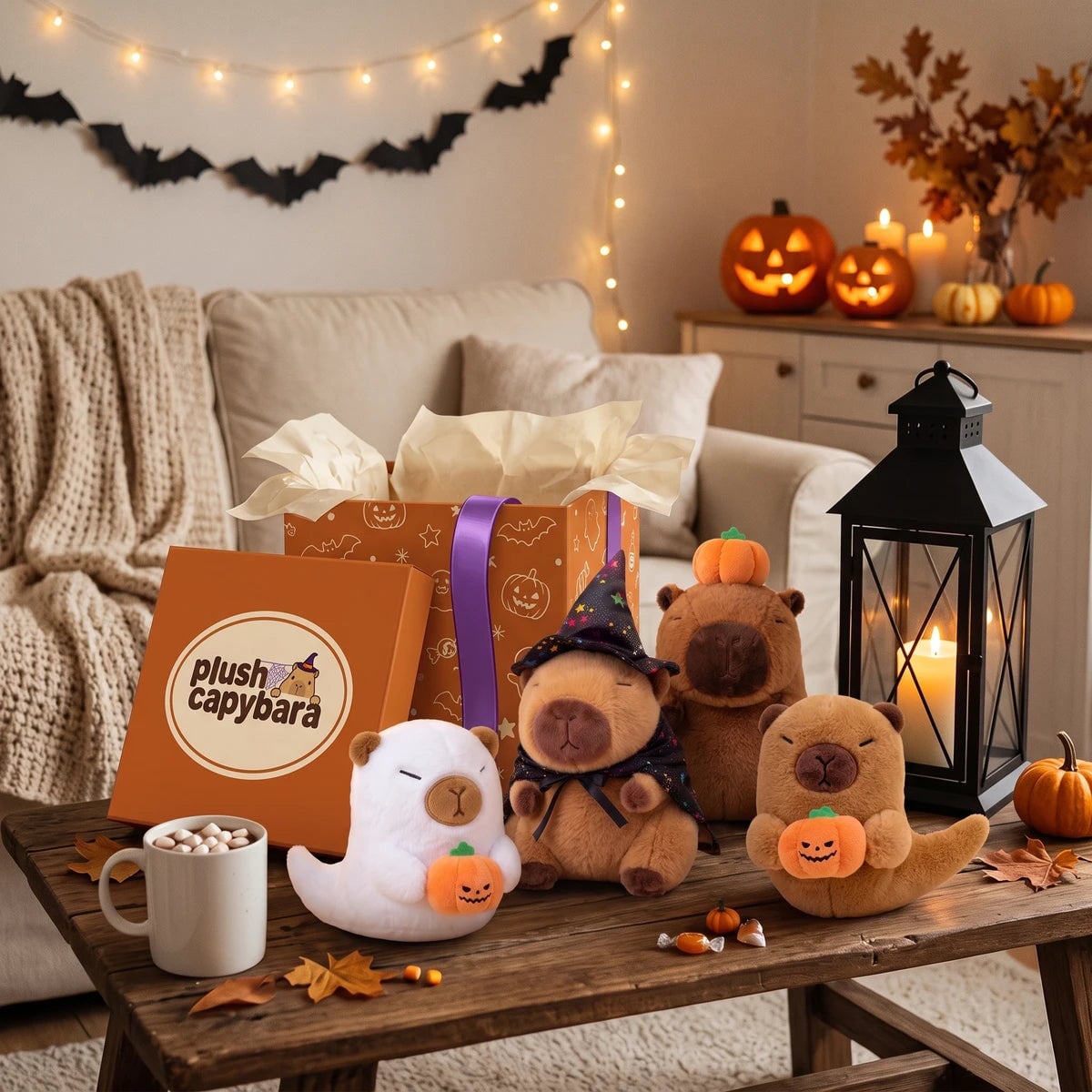 Halloween capybara plush set on a wooden coffee table in a living room with jack o lanterns