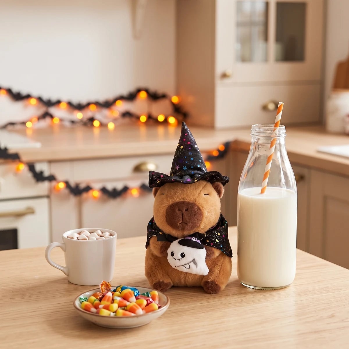 Ghost witch capybara plush on a kitchen counter next to a bottle of milk and a bowl of candy