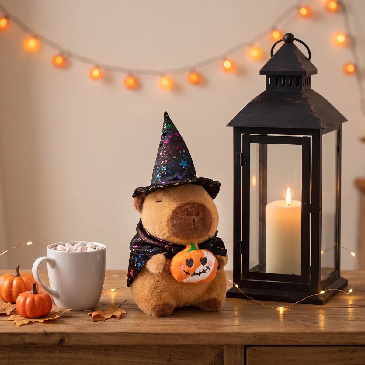 Pumpkin witch capybara plush on a console next to a lantern, a mug and mini pumpkins