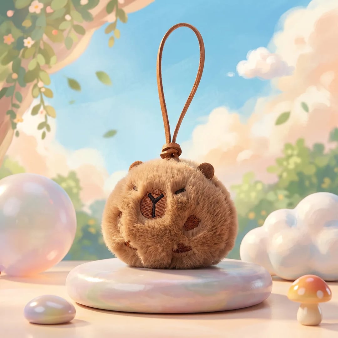 Round ball capybara keychain hanging above a pearl podium in a bright sky scene