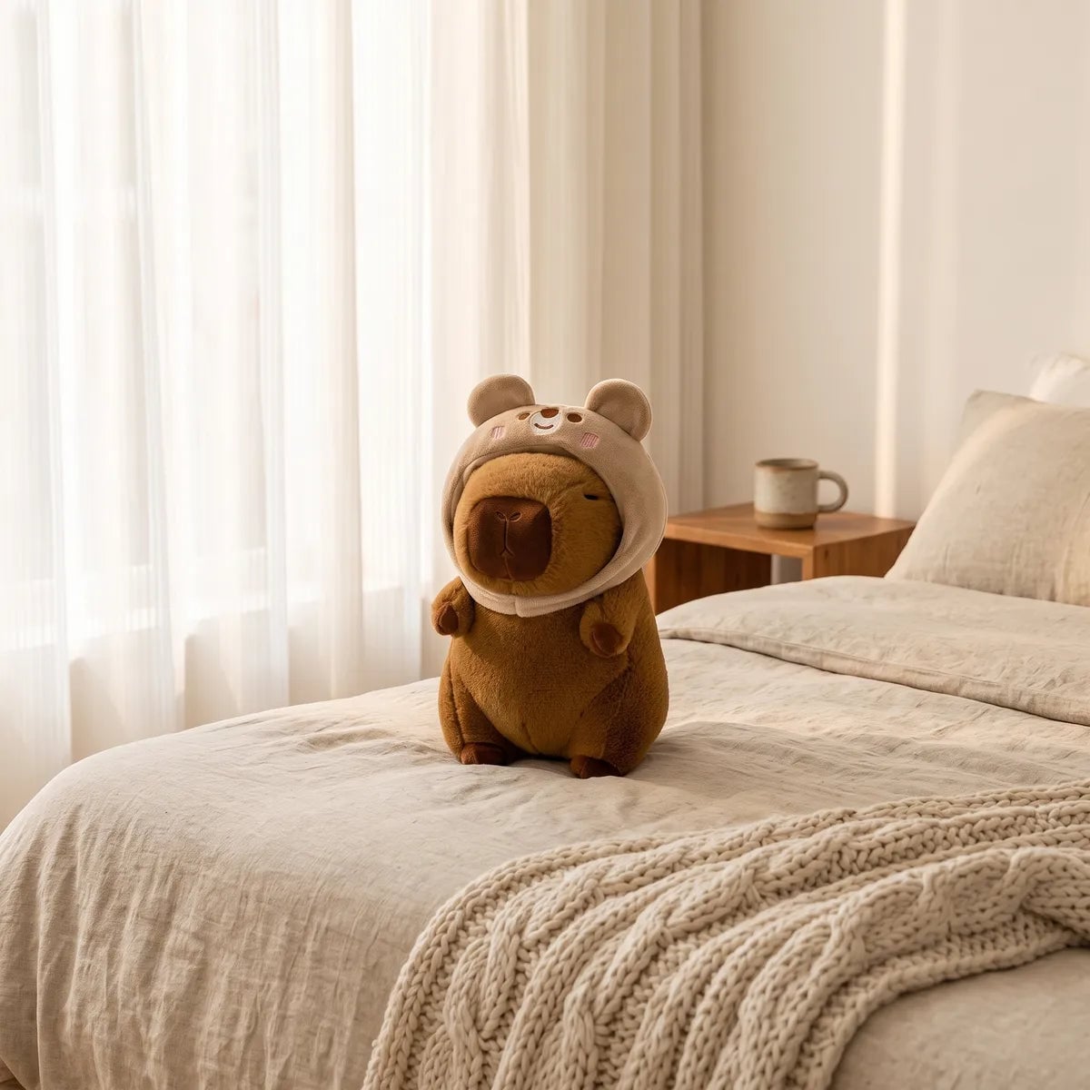 Bear capybara plush resting on a made bed in a bright bedroom