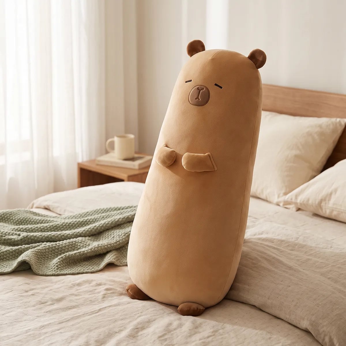 Big capybara stuffed animal plush standing upright on a made bed next to a wooden headboard and a green knit throw.