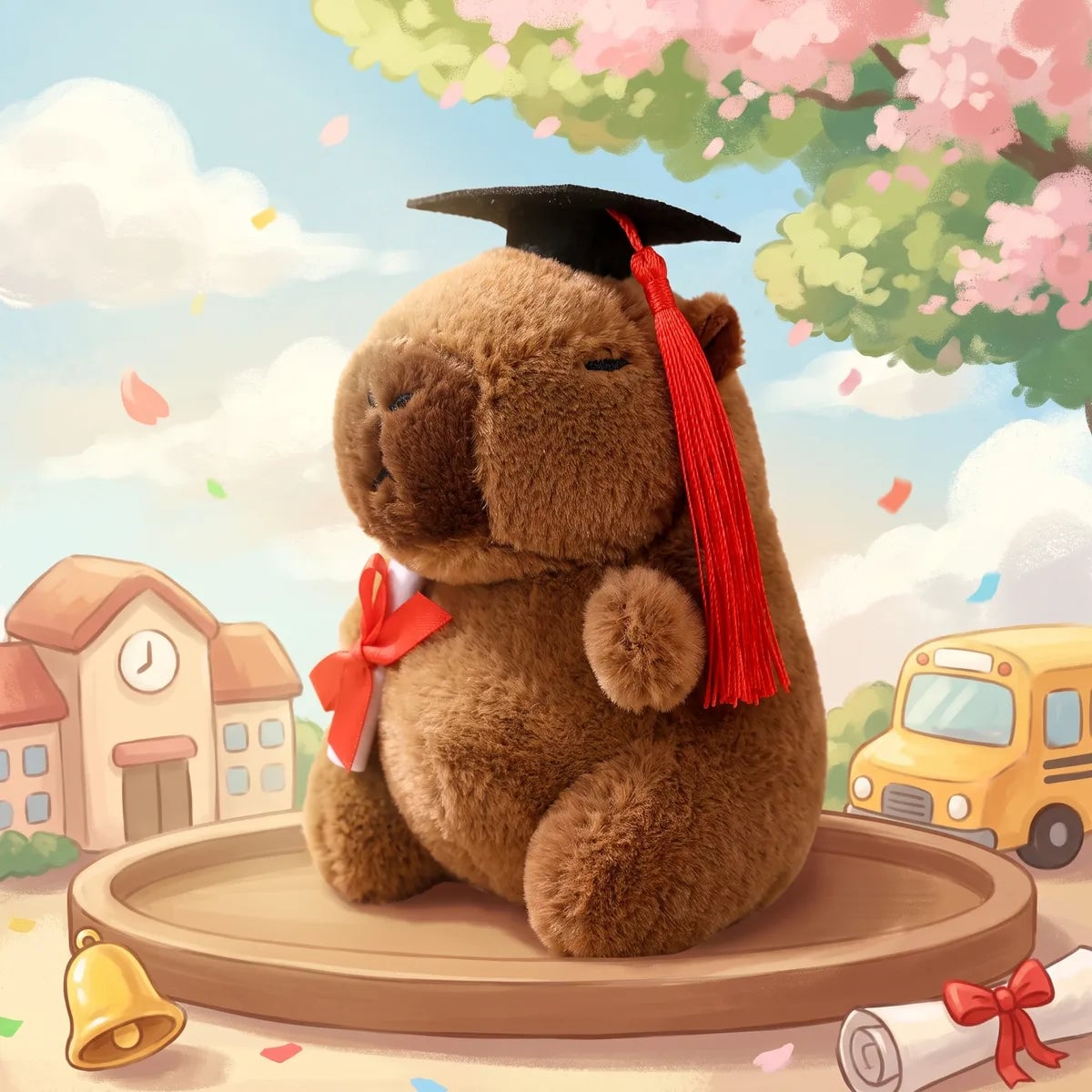 Brown graduation capybara plush in a black cap on a podium in a campus scene