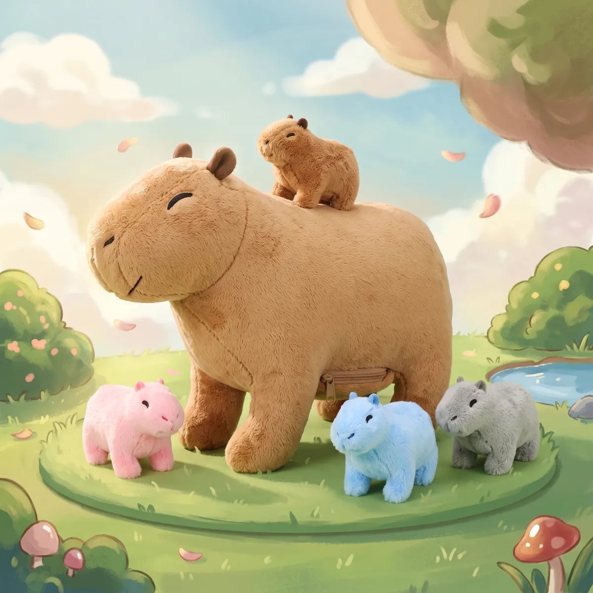 Mother capybara plush set of five in an illustrated meadow, with a brown baby riding on the mother's back
