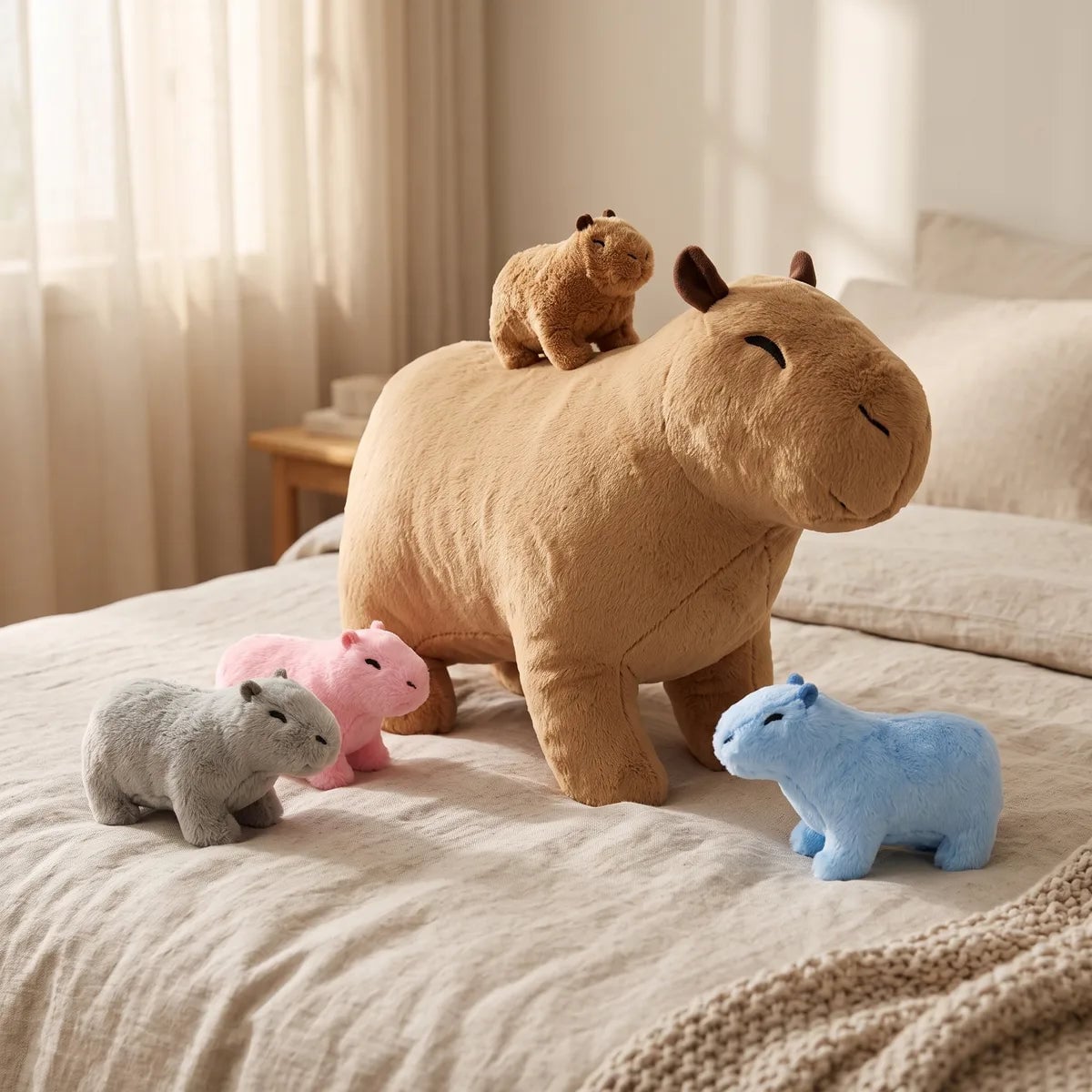 Mother capybara plush set arranged on a linen bed, four coloured babies around the standing tan mother
