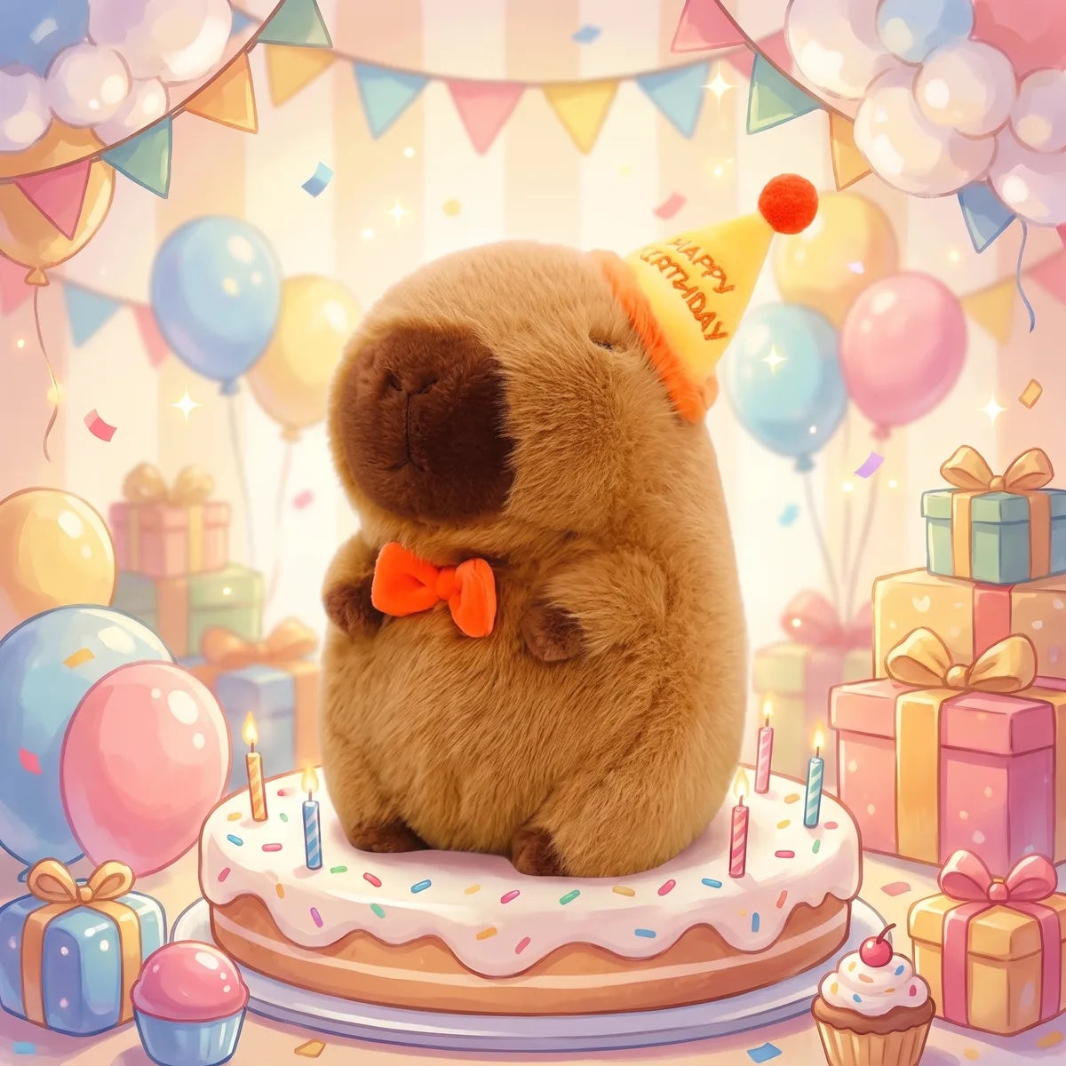 Brown happy birthday capybara plush seated on a frosted cake in a painted party room
