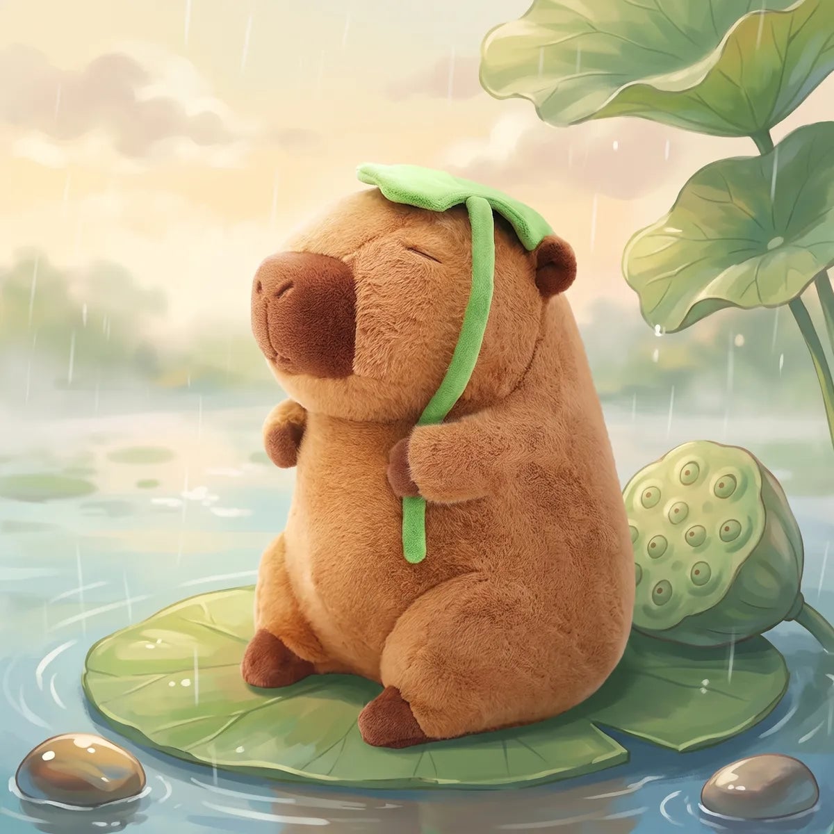 Illustrated scene of the jumbo capybara plush sitting on a lily pad in the rain under its green leaf.