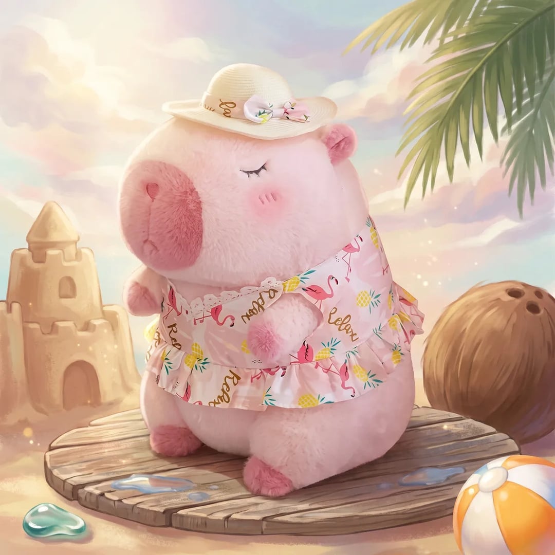 Pink capybara plush in a straw sun hat and flamingo print dress in an illustrated beach scene with a sandcastle